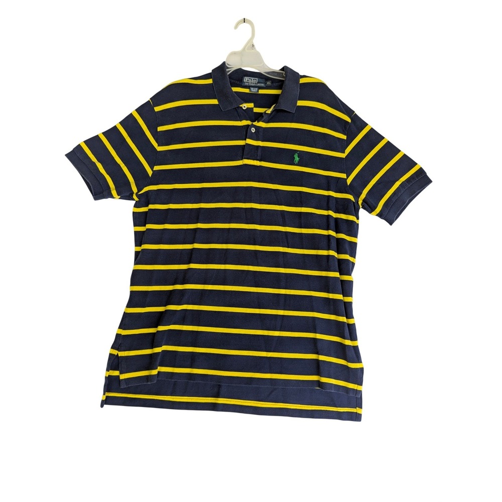Polo Ralph Lauren Mens XL Navy Blue Yellow Striped Short Sleeve Pique Polo Shirt